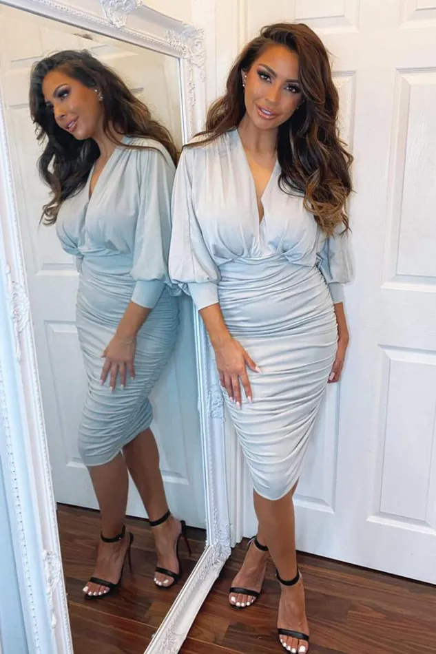 AX Paris Silver Ruched Bat Wing Sleeve Midi Dress Women Dresses