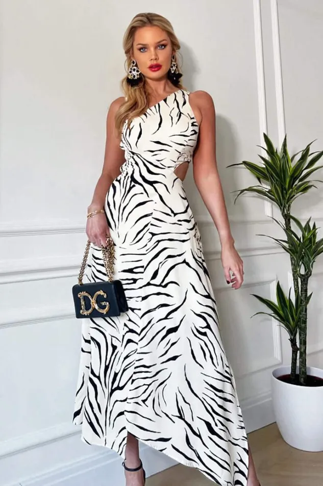 AX Paris Stone And Black Animal Print Asymmetric Cut Out Midi Dress Women Dresses
