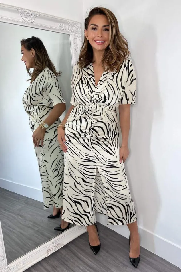 AX Paris Stone Animal Print Satin Knot Front Midi Dress Women Dresses