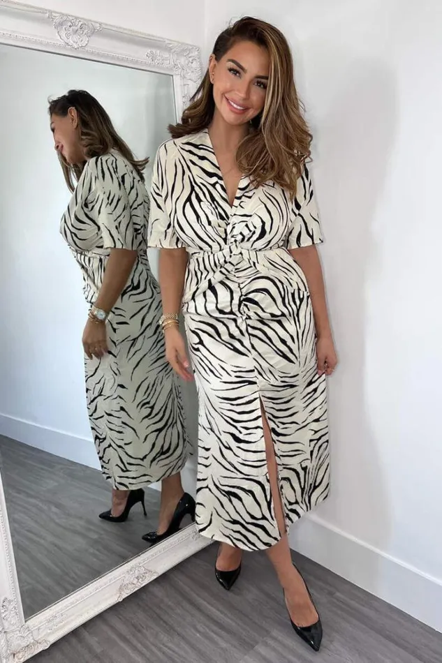 AX Paris Stone Animal Print Satin Knot Front Midi Dress Women Dresses