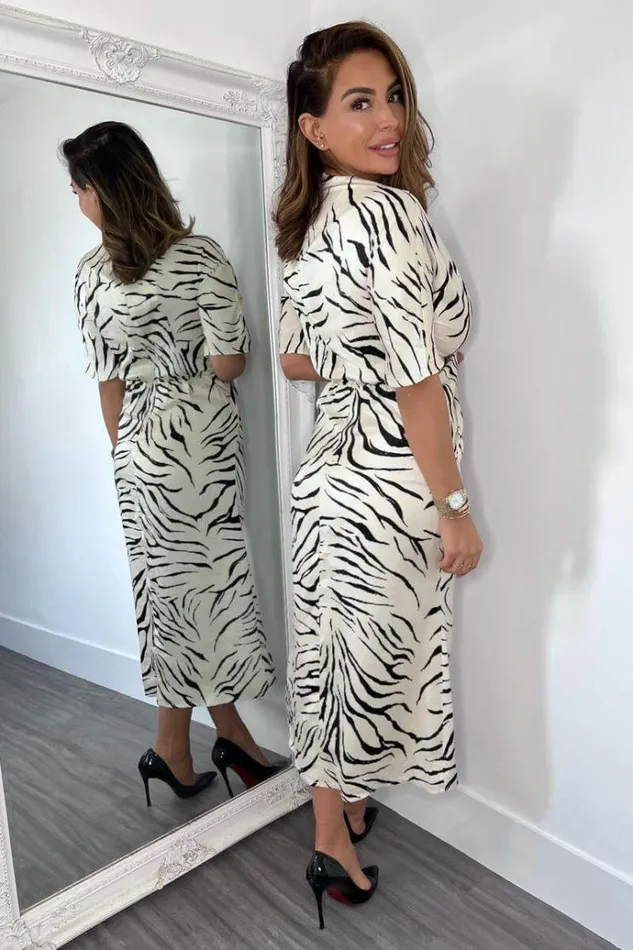 AX Paris Stone Animal Print Satin Knot Front Midi Dress Women Dresses