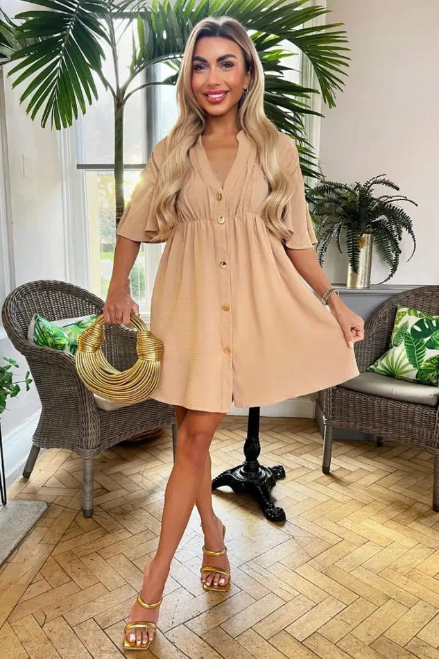 AX Paris Stone Button Up Ruched Detail Smock VNeck Dress Women Dresses