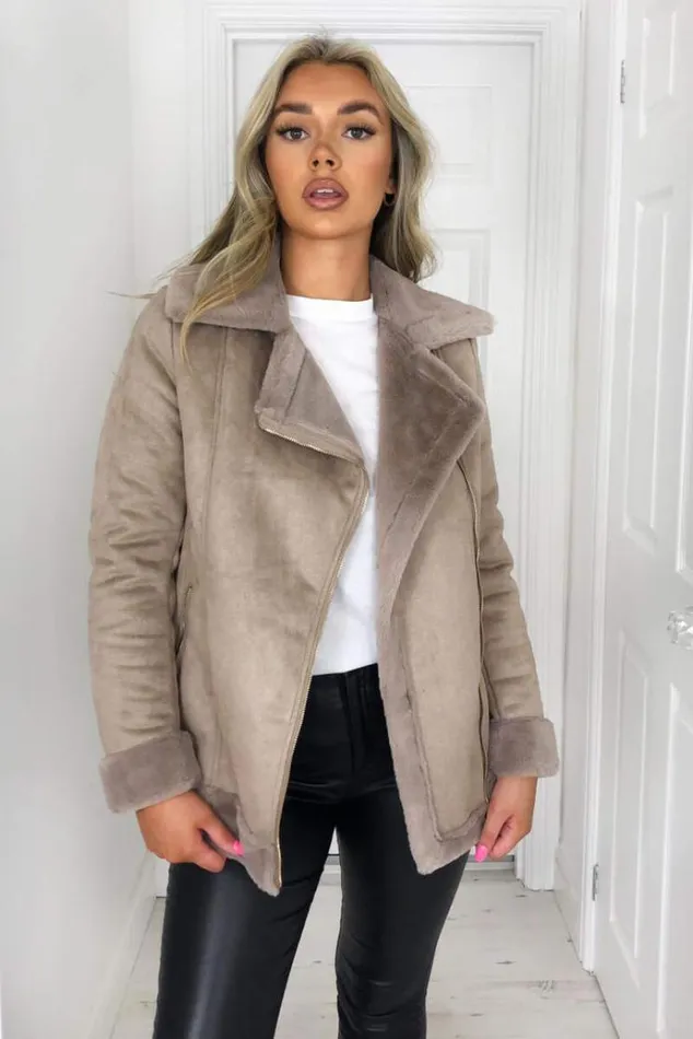 AX Paris Stone Faux Suede Aviator Jacket Women Coats and Jackets