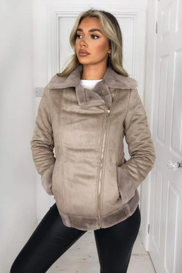 AX Paris Stone Faux Suede Aviator Jacket Women Coats and Jackets