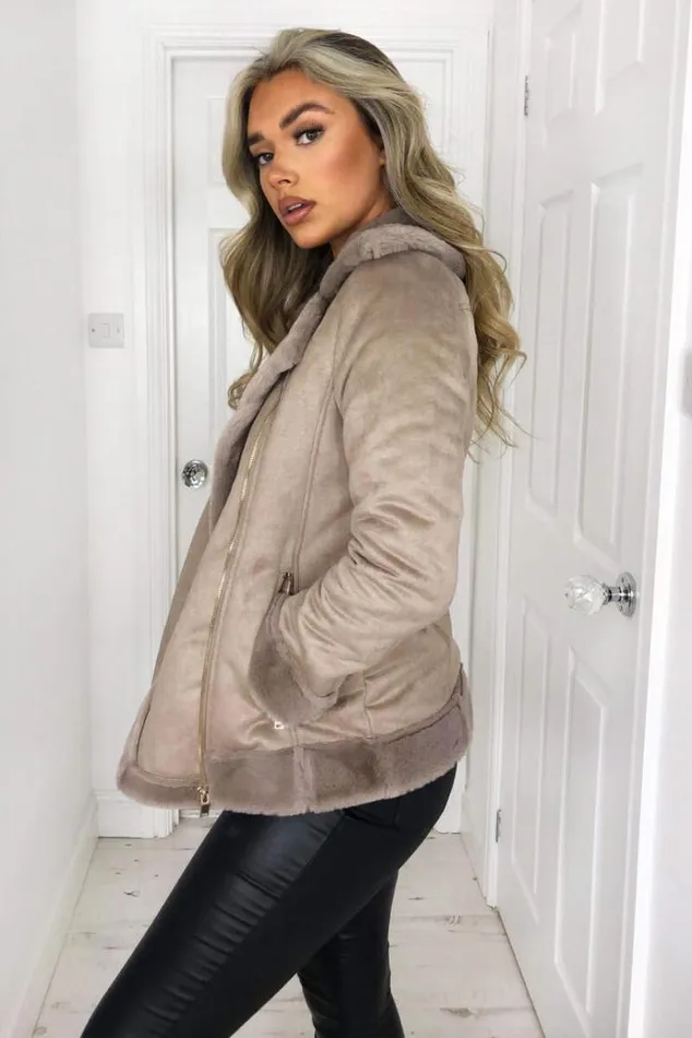 AX Paris Stone Faux Suede Aviator Jacket Women Coats and Jackets