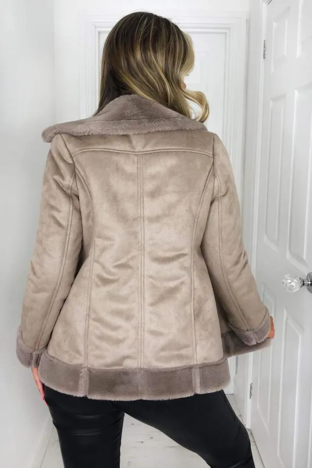AX Paris Stone Faux Suede Aviator Jacket Women Coats and Jackets