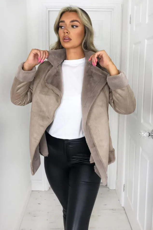 AX Paris Stone Faux Suede Aviator Jacket Women Coats and Jackets