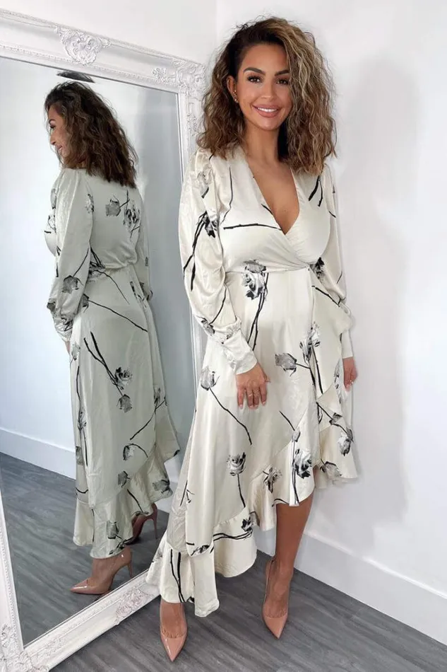 AX Paris Stone Floral Printed Wrap Over Long Sleeve Dress Women Dresses
