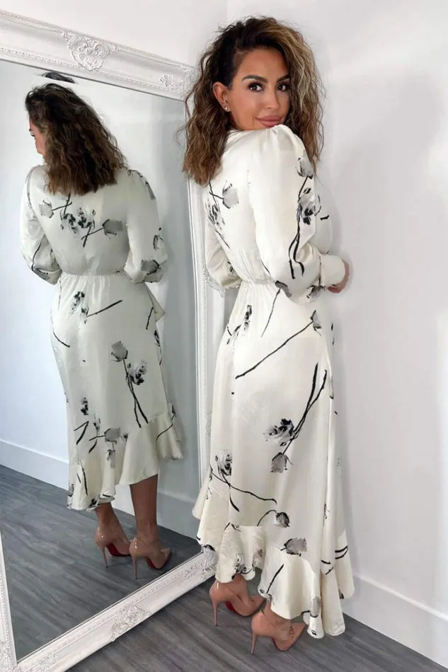 AX Paris Stone Floral Printed Wrap Over Long Sleeve Dress Women Dresses