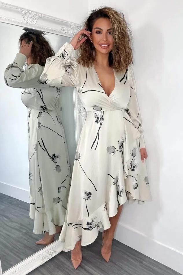 AX Paris Stone Floral Printed Wrap Over Long Sleeve Dress Women Dresses