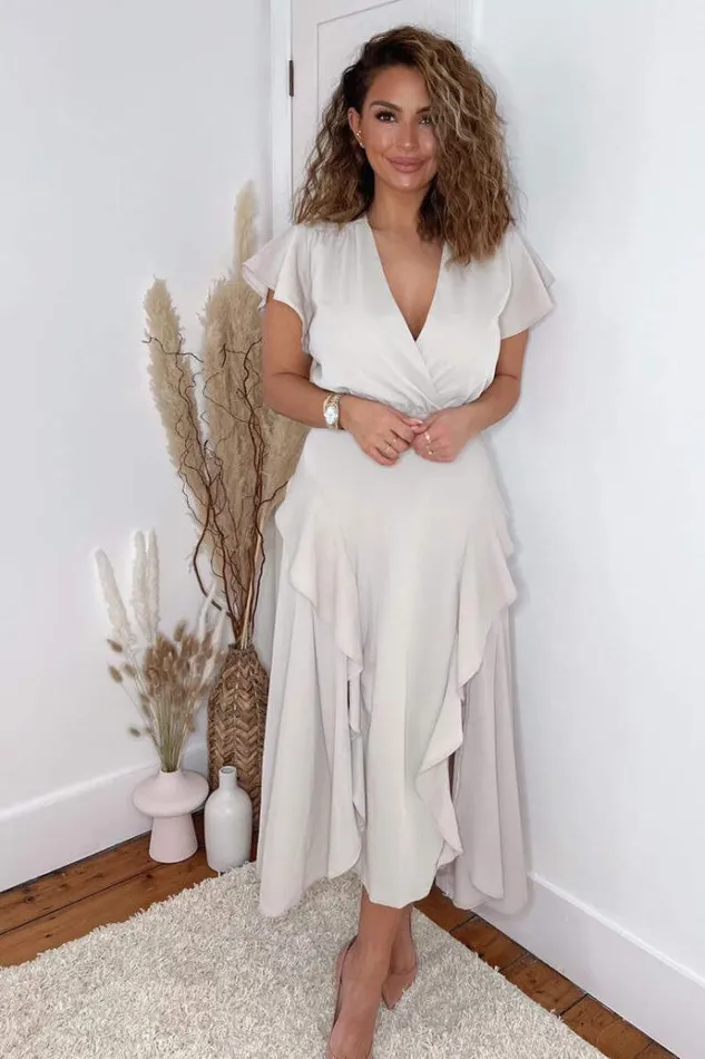 AX Paris Stone Frill Detail Double Split Skirt Midi Dress Women Dresses