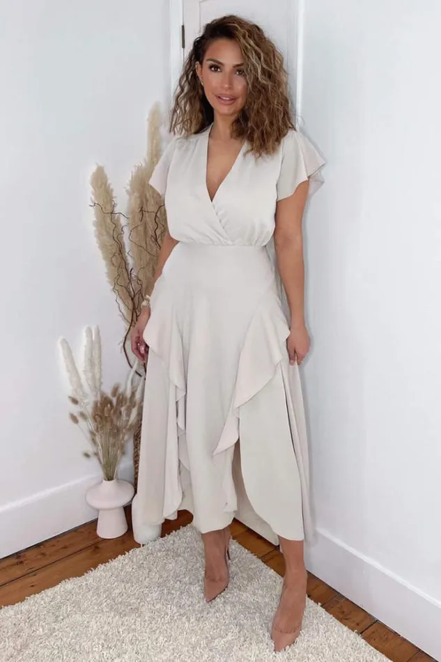 AX Paris Stone Frill Detail Double Split Skirt Midi Dress Women Dresses