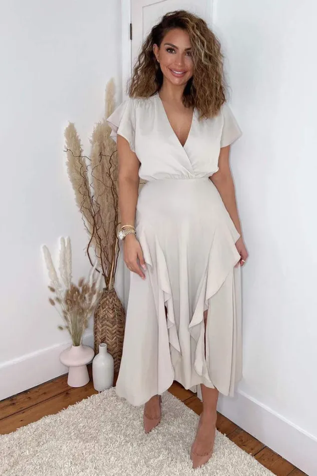 AX Paris Stone Frill Detail Double Split Skirt Midi Dress Women Dresses