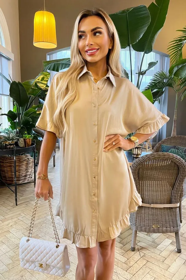 AX Paris Stone Frill Detail Gold Button Front Shirt Dress Women Dresses