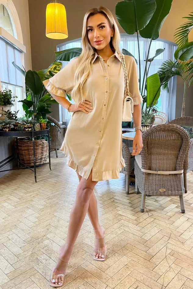 AX Paris Stone Frill Detail Gold Button Front Shirt Dress Women Dresses