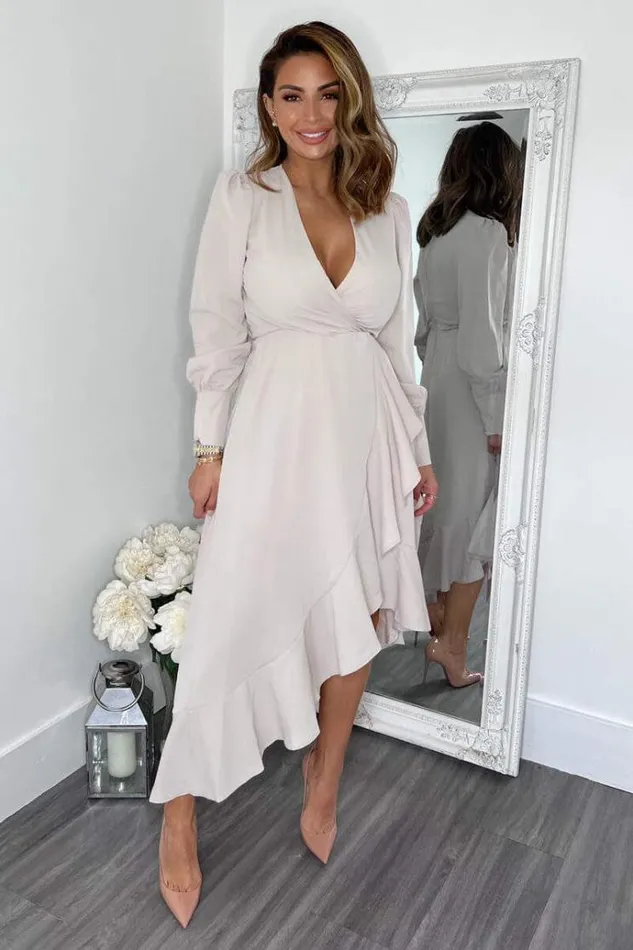 AX Paris Stone Long Sleeve Frill Wrap Midi Dress Women Dresses
