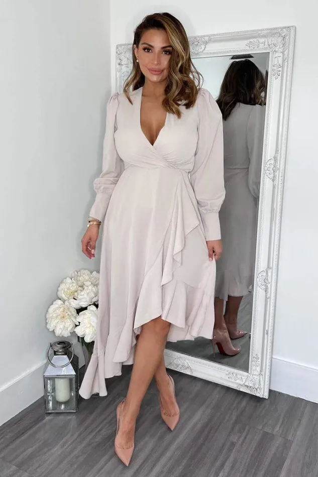 AX Paris Stone Long Sleeve Frill Wrap Midi Dress Women Dresses