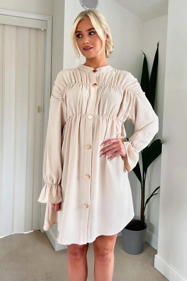 AX Paris Stone Long Sleeve Gathered Detail Button Front Dress Women Dresses