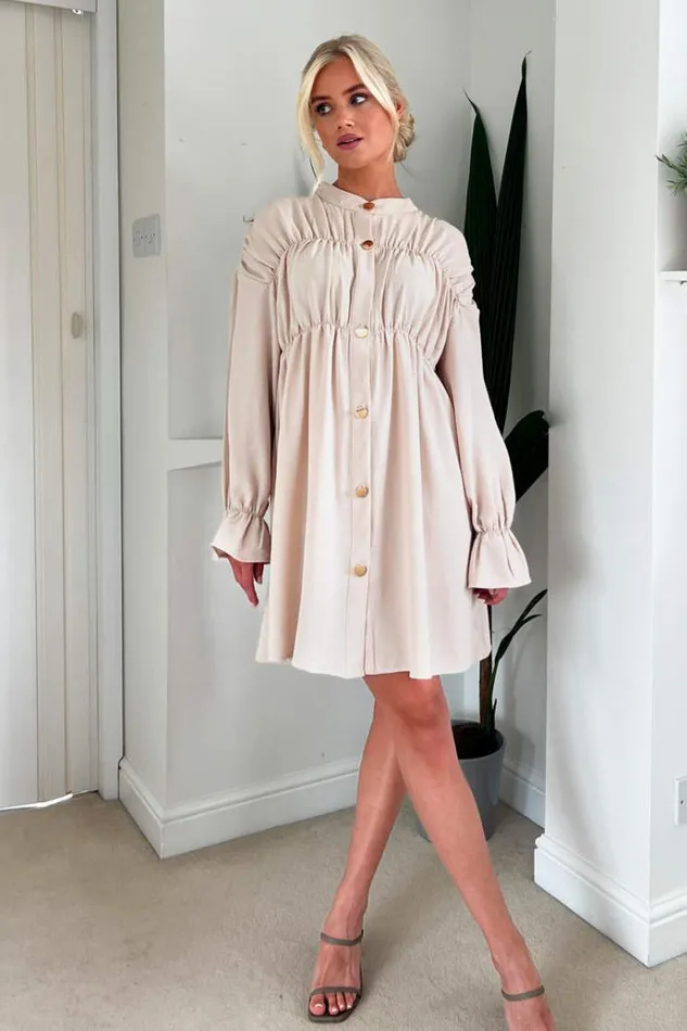 AX Paris Stone Long Sleeve Gathered Detail Button Front Dress Women Dresses