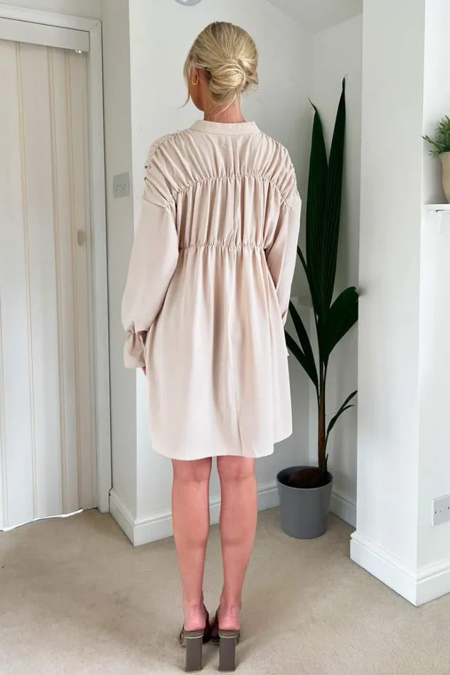 AX Paris Stone Long Sleeve Gathered Detail Button Front Dress Women Dresses