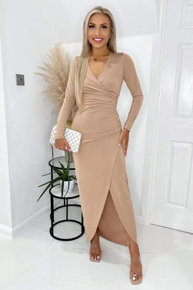 AX Paris Stone Long Sleeve Wrap Over Maxi Dress Women Dresses