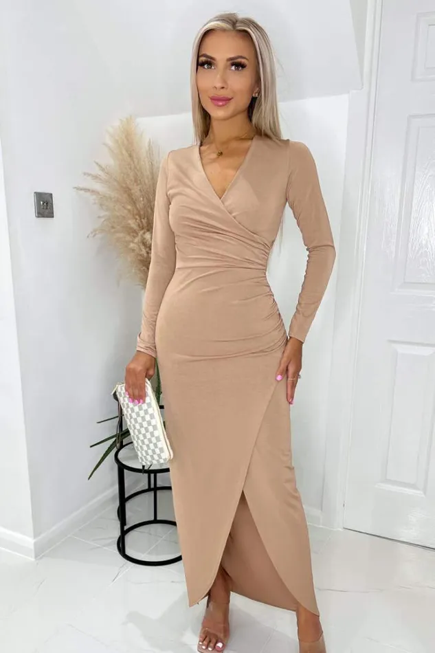 AX Paris Stone Long Sleeve Wrap Over Maxi Dress Women Dresses