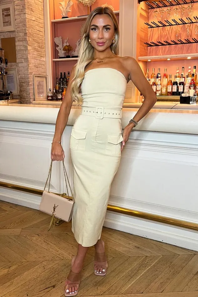 AX Paris Stone Stretch Cotton Strapless Belted Bodycon Midi Dress Women Cargo Collection AX Paris Stone Stretch Cotton Strapless Belted Bodycon Midi Dress Women Cargo Collection