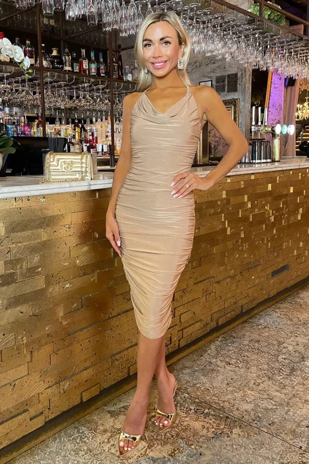 AX Paris Stone Tie Halter Neck Ruched Midi Dress Women Dresses