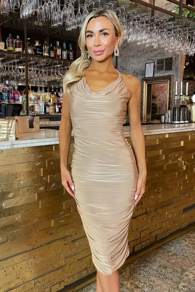 AX Paris Stone Tie Halter Neck Ruched Midi Dress Women Dresses