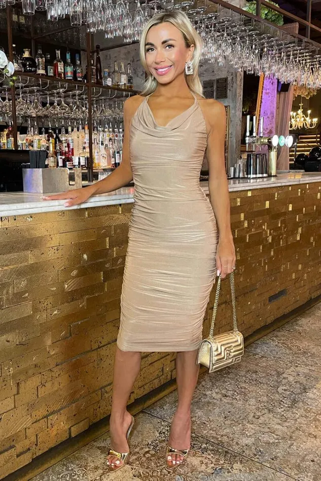 AX Paris Stone Tie Halter Neck Ruched Midi Dress Women Dresses
