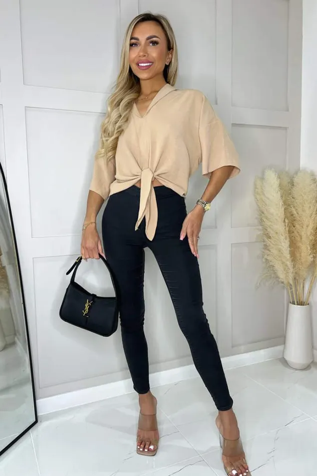 AX Paris Stone VNeck Collar Tie Front Shirt Women Coords