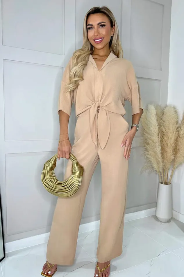 AX Paris Stone VNeck Collar Tie Front Shirt Women Coords
