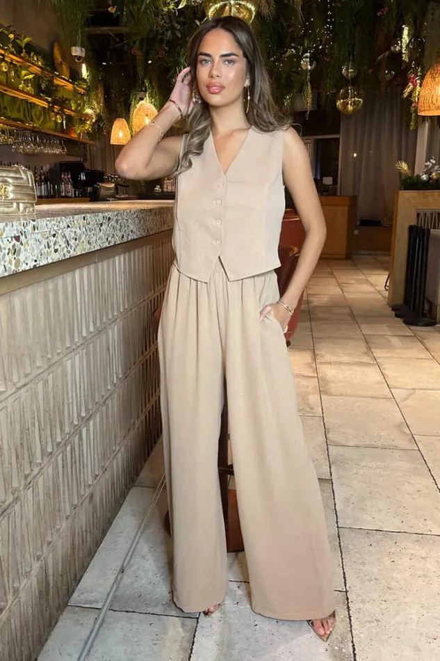 AX Paris Stone Wide Leg Trousers With Elasticated Waist Women Coords