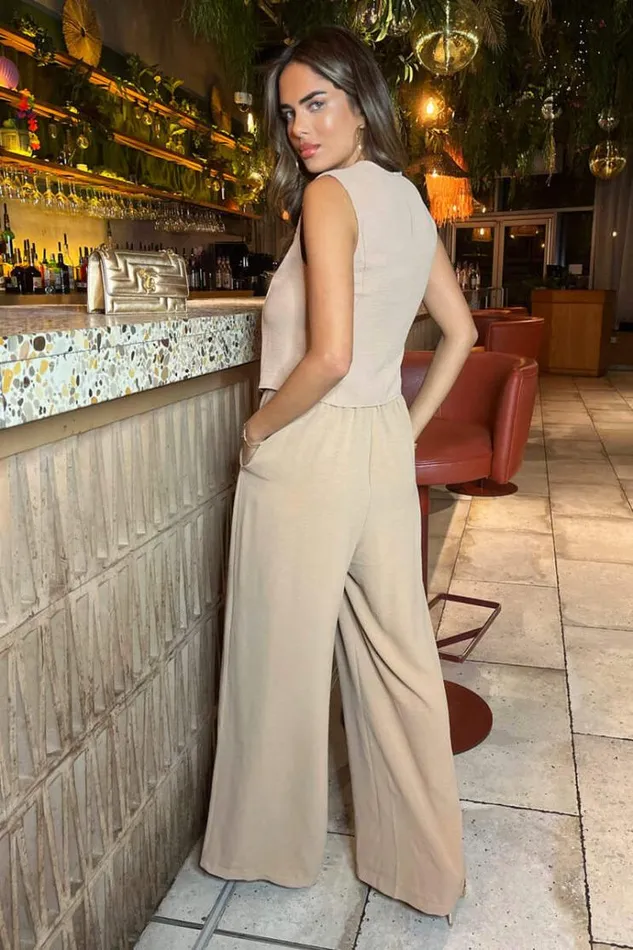 AX Paris Stone Wide Leg Trousers With Elasticated Waist Women Coords
