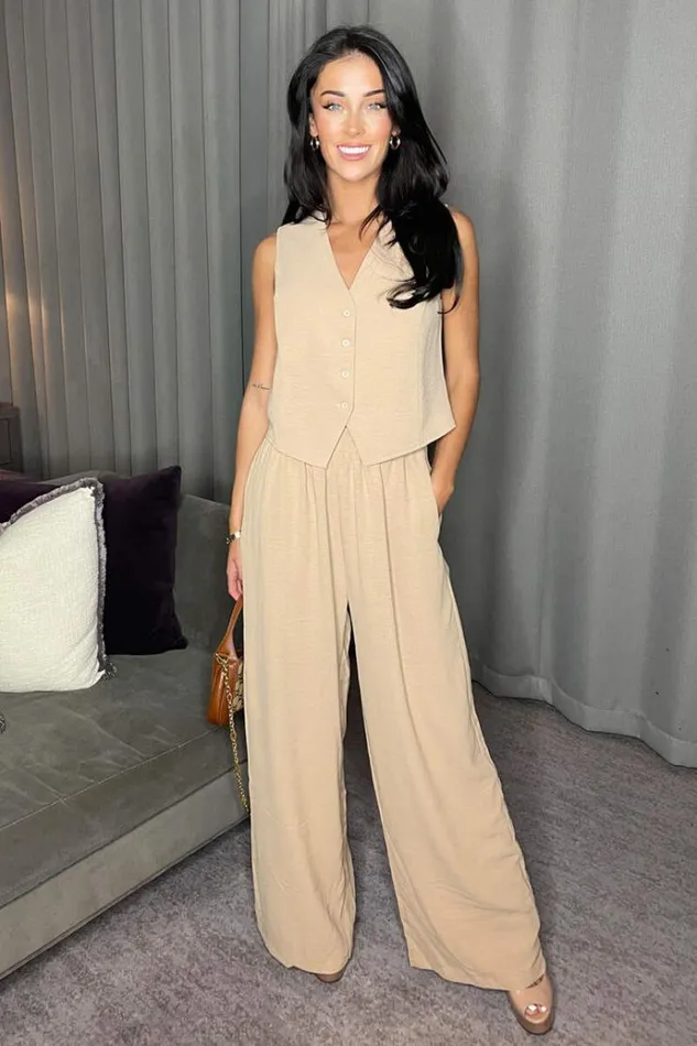 AX Paris Stone Wide Leg Trousers With Elasticated Waist Women Trousers and Leggings AX Paris Stone Wide Leg Trousers With Elasticated Waist Women Trousers and Leggings