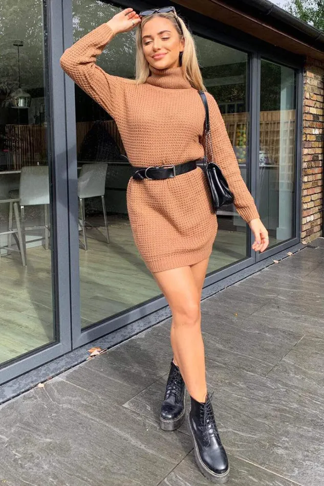 AX Paris Tan Roll Neck Knitted Jumper Dress Women Knitwear
