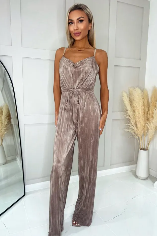AX Paris Taupe Plisse Cowl Neck Jumpsuit Women Jumpsuits And Playsuits