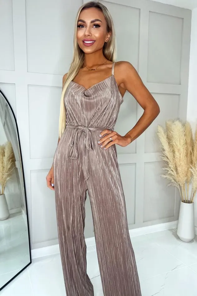 AX Paris Taupe Plisse Cowl Neck Jumpsuit Women Jumpsuits And Playsuits
