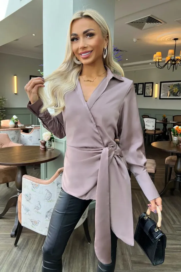 AX Paris Taupe Satin Tie Waist Wrap Shirt Women Tops