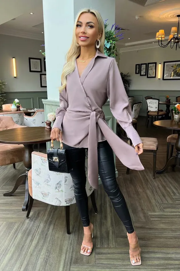 AX Paris Taupe Satin Tie Waist Wrap Shirt Women Tops