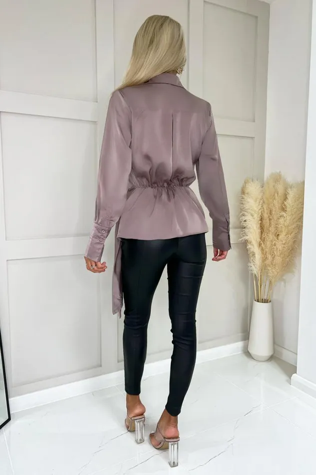 AX Paris Taupe Satin Tie Waist Wrap Shirt Women Tops