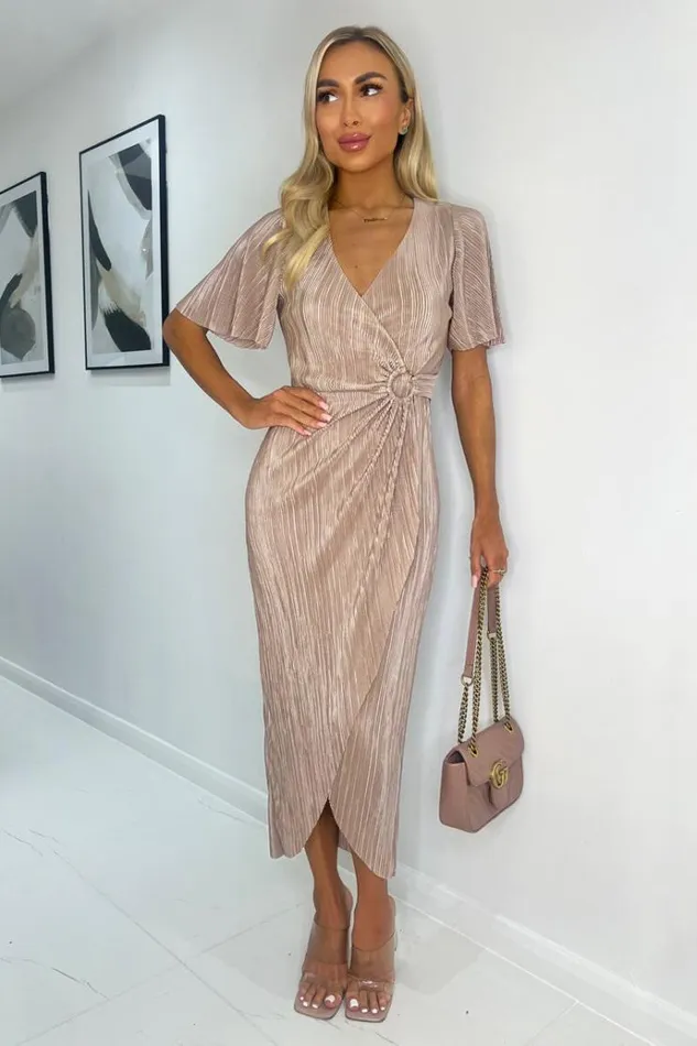 AX Paris Taupe Short Sleeve Plisse Wrap Midi Dress Women Dresses