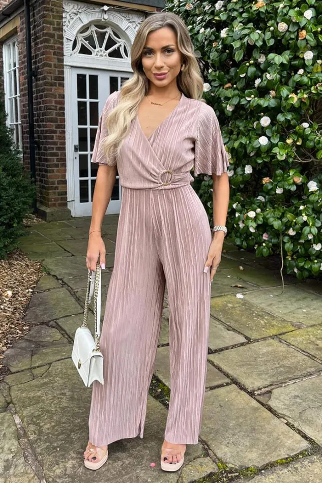 AX Paris Taupe Wrap Top Short Sleeve Plisse Jumpsuit Women Jumpsuits And Playsuits