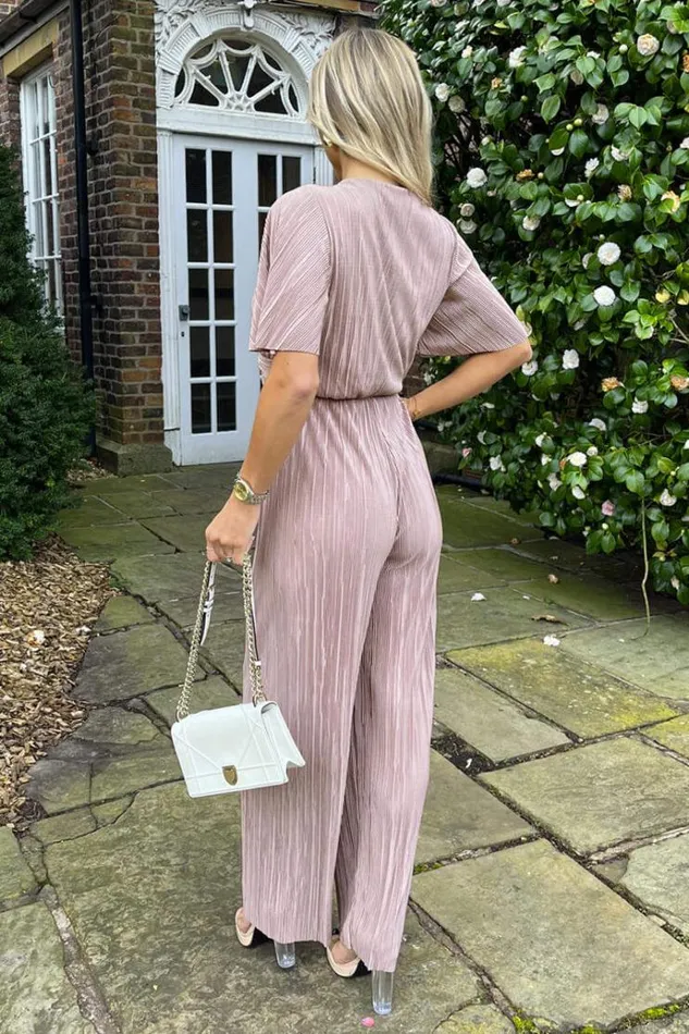 AX Paris Taupe Wrap Top Short Sleeve Plisse Jumpsuit Women Jumpsuits And Playsuits