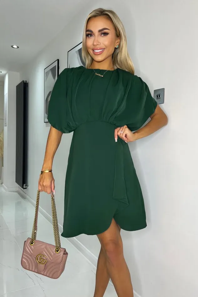 AX Paris Teal Batwing Gathered Top Mini Dress Women Dresses