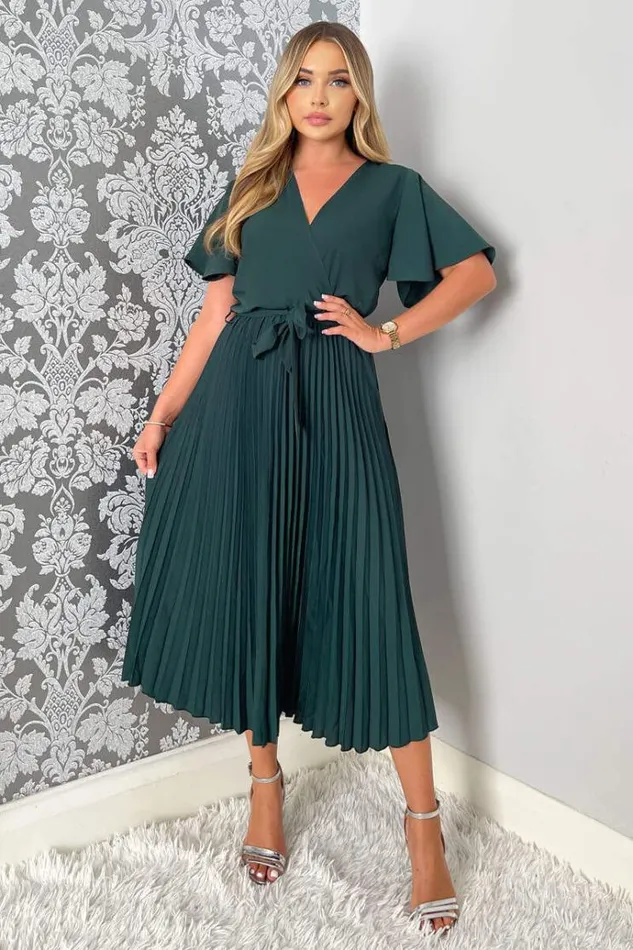 AX Paris Teal Belted Pleated Skirt Midi Dress Women Dresses