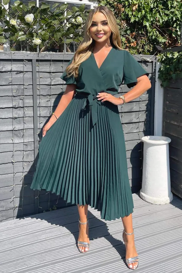 AX Paris Teal Belted Pleated Skirt Midi Dress Women Dresses