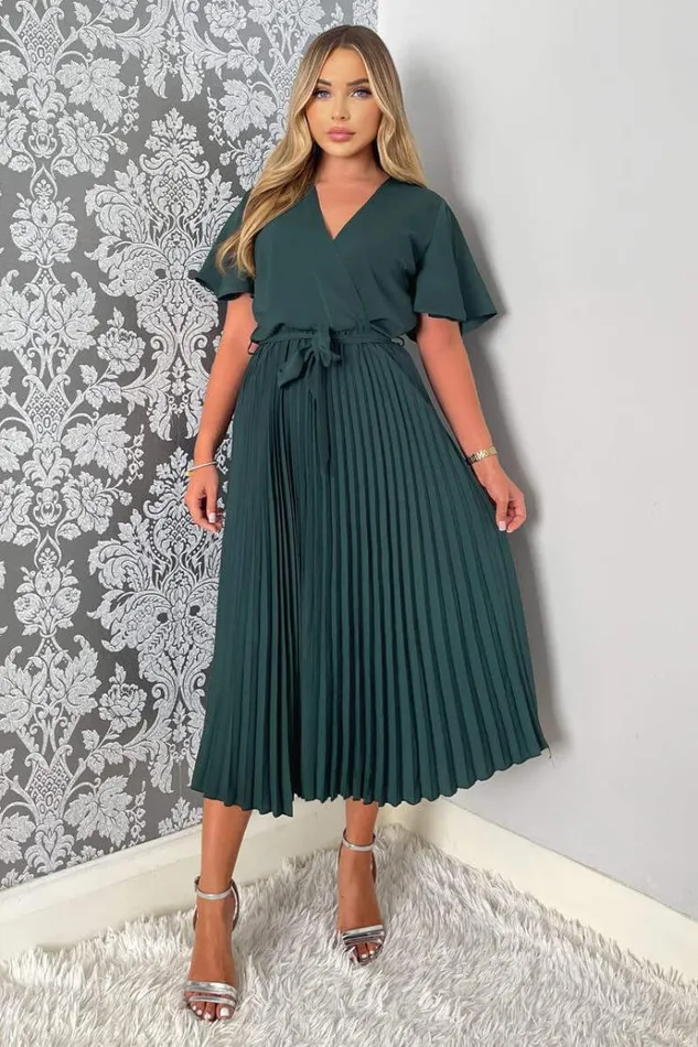 AX Paris Teal Belted Pleated Skirt Midi Dress Women Dresses