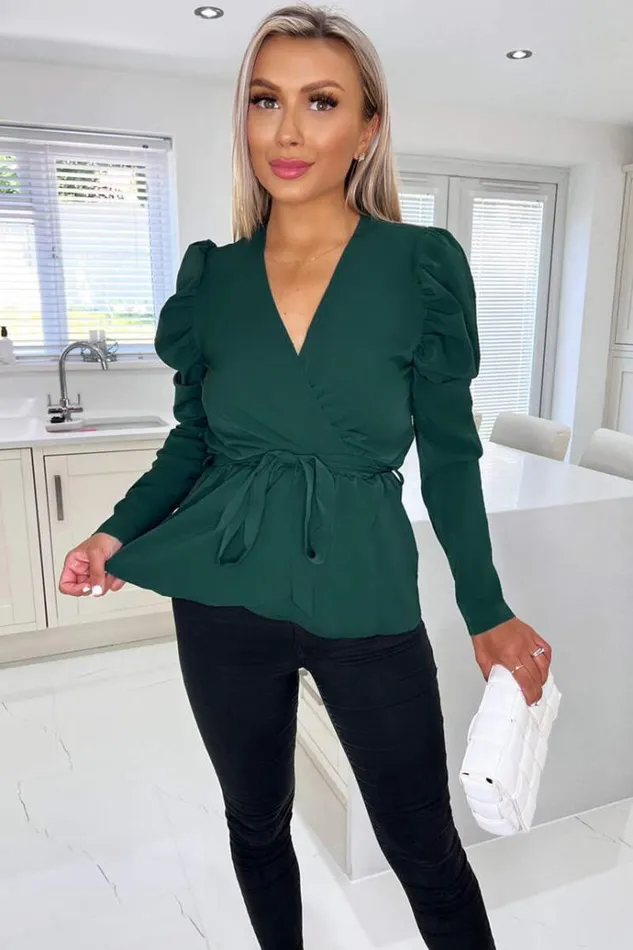 AX Paris Teal Belted Wrap Long Sleeve Top Women Tops