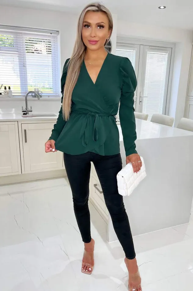 AX Paris Teal Belted Wrap Long Sleeve Top Women Tops